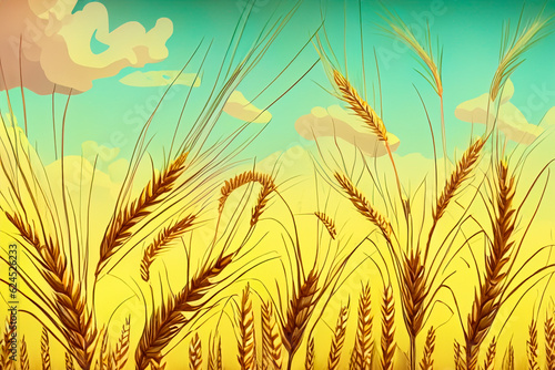 Cereal. Wheat. Wheat field. Cereal field. Conflict over cereal between Russia and Europe. Wheat field. Golden wheat ears close up. Beautiful rural landscape under bright sunlight and blue sky.