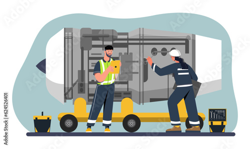 Aviation engineers with engine concept. Men designing airplane or rocket. Engineer planning with mechanician maintenance jet. Technicians checking turbine. Cartoon flat vector illustration
