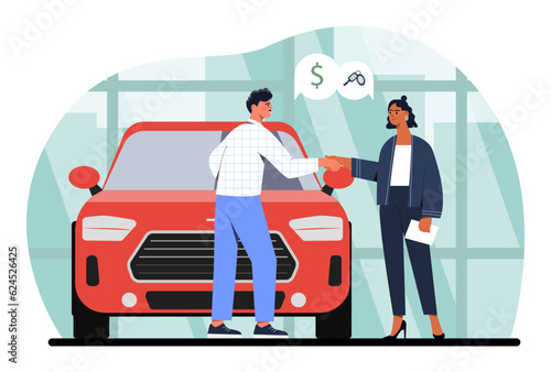 Buyer and seller in car showroom concept. Man receives keys from woman. Buying and selling vehicle and transport, automobile. Auto owner and trader. Cartoon flat vector illustration
