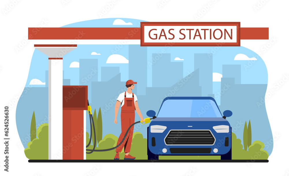 Worker at gas station concept. Man in uniform fills cars gas tank with gasoline. Fuel and energy. Blue vehicle and automobile. Refueling of transport. Cartoon flat vector illustration