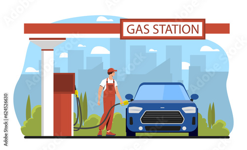 Worker at gas station concept. Man in uniform fills cars gas tank with gasoline. Fuel and energy. Blue vehicle and automobile. Refueling of transport. Cartoon flat vector illustration