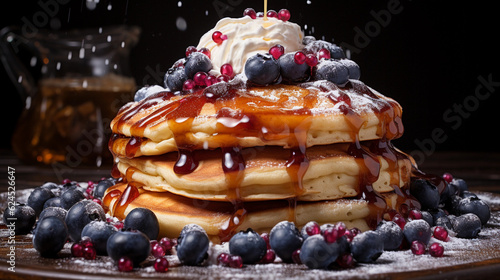 A stack of fluffy and indulgent blueberry pancakes  drizzled with maple syrup and dusted with powdered sugar