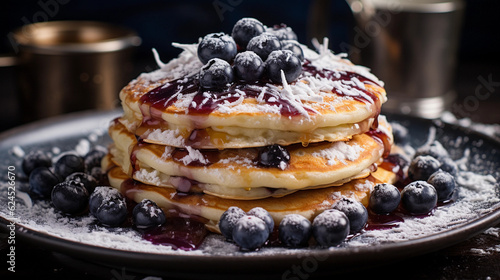 A stack of fluffy and indulgent blueberry pancakes, drizzled with maple syrup and dusted with powdered sugar