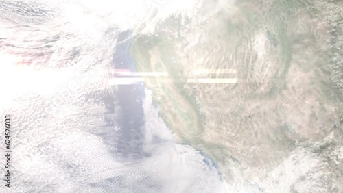 Zoom in from space and focus on Turlock, California, USA. 3D Animation. Background for travel intro. Elements of this image furnished by NASA photo