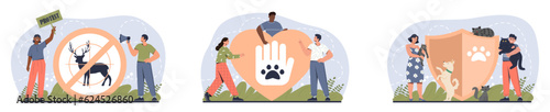 Protection of animals set. Men and women care about nature. Stop hunting and abuse of domestic animals. Activists and volunteers at protest. Cartoon flat vector collection isolated on white background