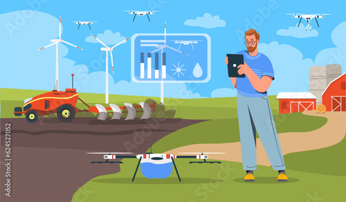 Man at smart farm vector concept. Young guy with quadcopter and infographics. Farming and agriculture, cultivation. Crop and soil analysis. Innovations at farm. Cartoon flat vector illustration