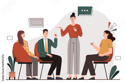 Group discussion concept. Men and women sit and discuss issues. Communication and interaction. People discuss question or topic. Addiction treatment and therapy. Cartoon flat vector illustration