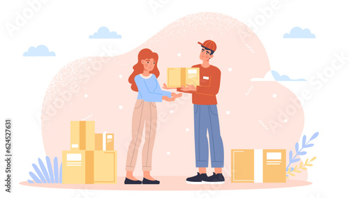 Delivery of parcels concept. Male courier handing box to young girl. Logistics and transportation, online shopping and express home delivery. Client with staff. Cartoon flat vector illustration