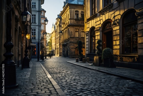 European Street with Old Stone Buildings and Clean Cobbled Paths Generative AI