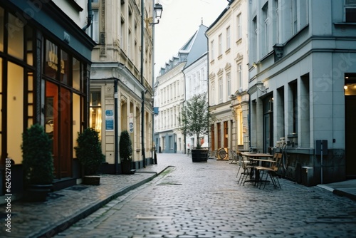 European Street with Old Stone Buildings and Clean Cobbled Paths Generative AI