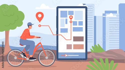 Mobile app with map concept. Navigation and geolocation. Man on bicycle rides to address. Home delivery and courier at transport. Route in application. Cartoon flat vector illustration