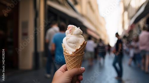 Indulgent Ice Cream: Hand Holding a Delicious Ice Cream - Generative AI