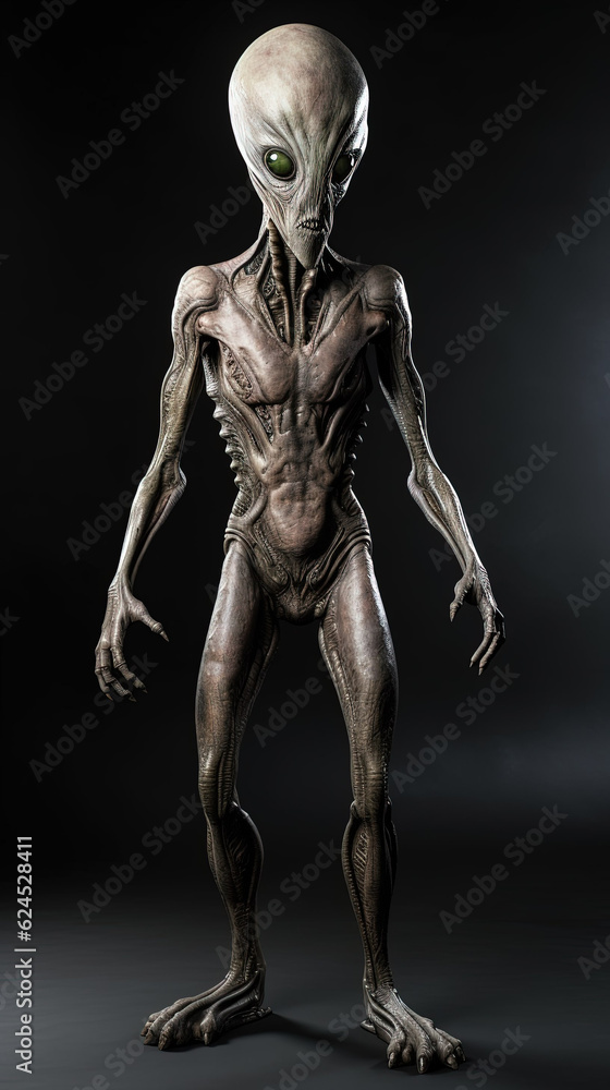 an alien full body studio shot on black background created with Generative AI technology. an alien full body studio shot on black background created with Generative AI technology.