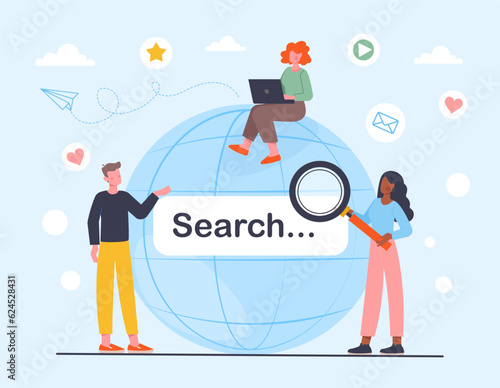 People surfing internet concept. Man and women with magnifying glass and laptop near globe. Wireless connection and information exchange on social messengers. Cartoon flat vector illustration