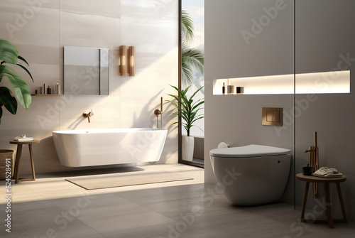 Modern, luxury wall hung toilet bowl, closed seat with dual flush, reeded glass partition, bidet, tissue paper holder, white bathtub on granite tile floor in sunlight on beige wall background 3D © MOUNSSIF