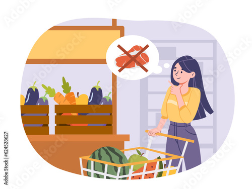 Woman buy grocery products concept. Girl with cart of natural and organic products. Vegetarian diet and healthy nutrition with vitamins. Charcater in store or shop. Cartoon flat vector illustration