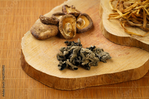 Various dried mountain delicacies on a monochrome background