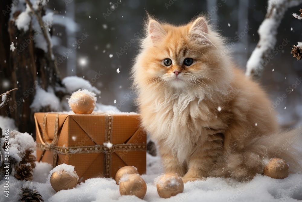 Happy Cat with Christmas Hat Among Christmas Gifts AI Generated