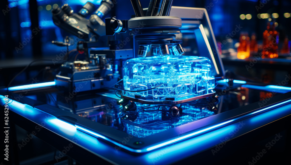 A device, some piece of invention produced in the laboratory. Glass or plastic bow with neon light under microscope. Generative AI. A device, some piece of invention produced in the laboratory. Glass or plastic bow with neon light under microscope. Generative AI.