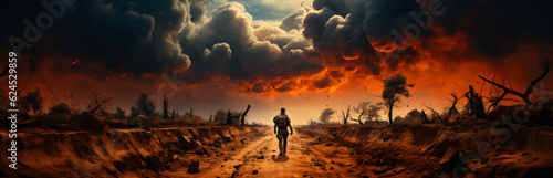 Rear view of a lonely soldier walking by the road. Military man goes by the land devastated by war. Burnt trees and heavy clouds at backdrop. Generative AI.