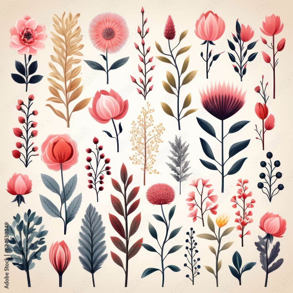 Beautiful Watercolor Botanical Elements with Bold Colors AI Generated