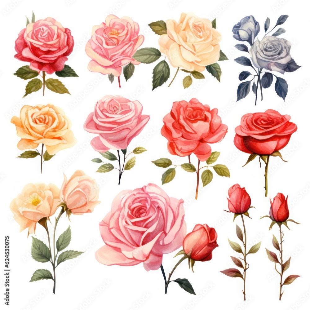 Beautiful Watercolor Painted Brushstrokes Clipart with Flirty Roses Elements AI Generated