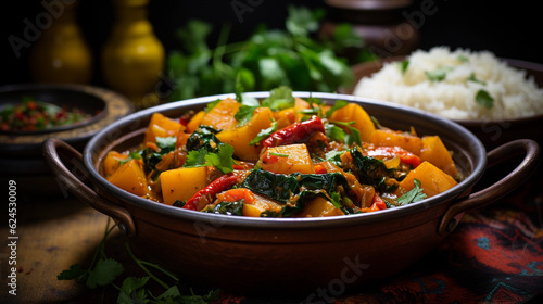 A bowl of hearty and fragrant vegetable curry, packed with spices and served with steamed rice