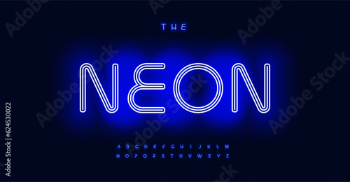 Foto Blue Neon alphabet, luminous vibrant typeface, nightlife electrifying glow