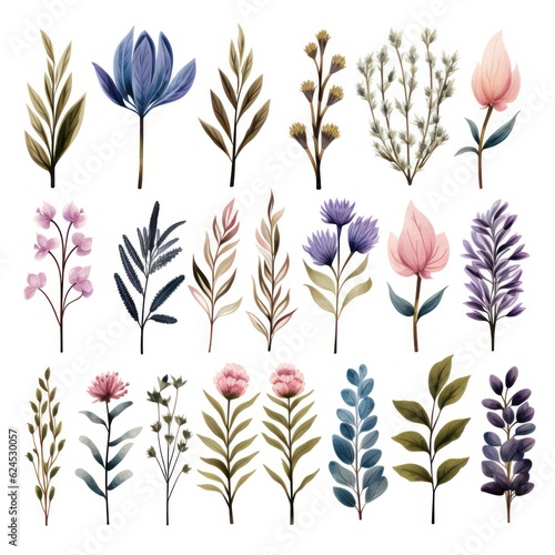 Beautiful Watercolor Botanical Elements with Bold Colors AI Generated