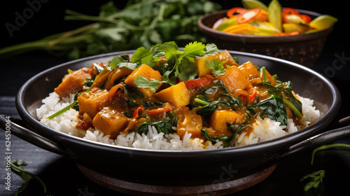 A bowl of hearty and fragrant vegetable curry, packed with spices and served with steamed rice