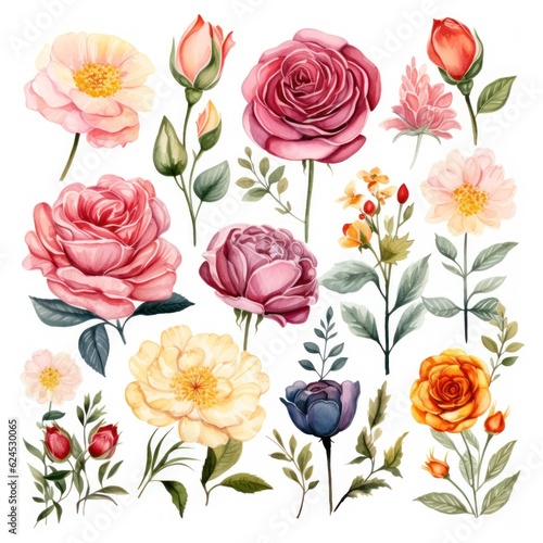 Beautiful Watercolor Clipart Roses and Daisies Elements AI Generated