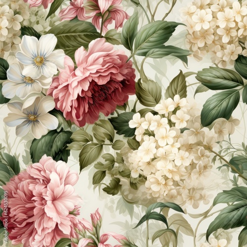 Nostalgic Floral Pattern in White, Dark Pink, and Soft Green AI Generated