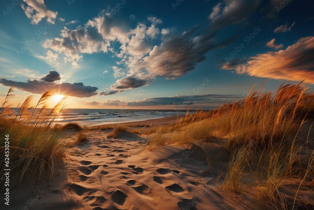 Golden Hour Beach with Sand Dunes and Light Clouds AI Generated Golden Hour Beach with Sand Dunes and Light Clouds AI Generated