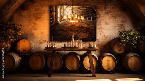 Table with bottles standing in the old room with brick wall. Some wooden barrels are on the floor. Restaurant in a vintage style. Generative AI.