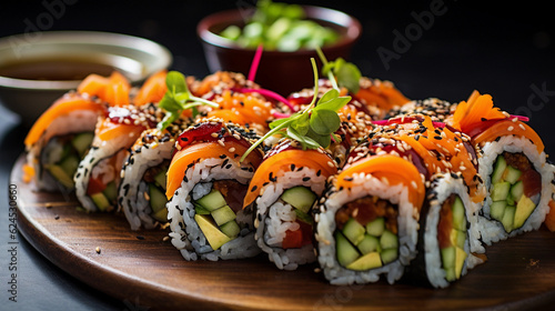 A plate of vibrant vegetable sushi rolls, made with fresh ingredients and served with soy sauce and wasabi