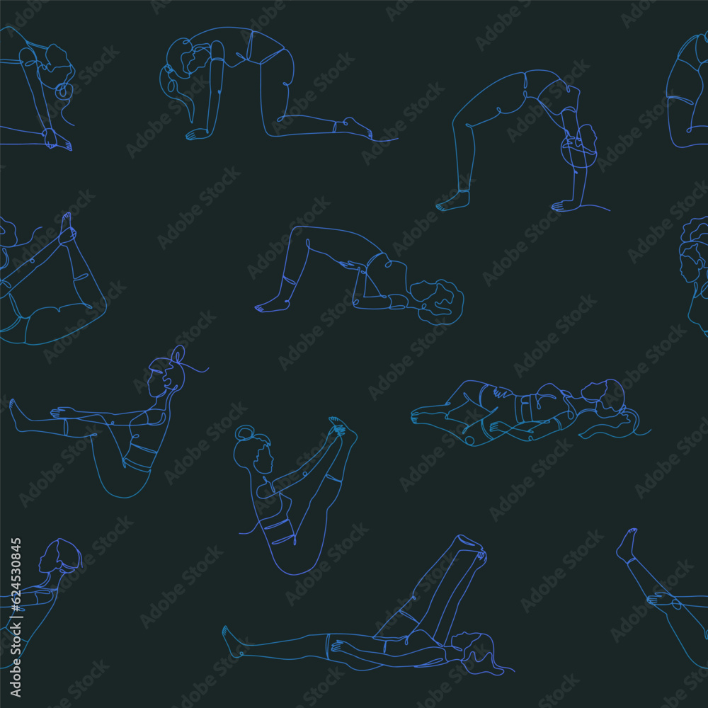 Seamless pattern with single line drawings of yoga poses. Linear hand ...