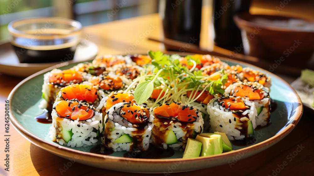 A plate of vibrant vegetable sushi rolls, made with fresh ingredients and served with soy sauce and wasabi A plate of vibrant vegetable sushi rolls, made with fresh ingredients and served with soy sauce and wasabi