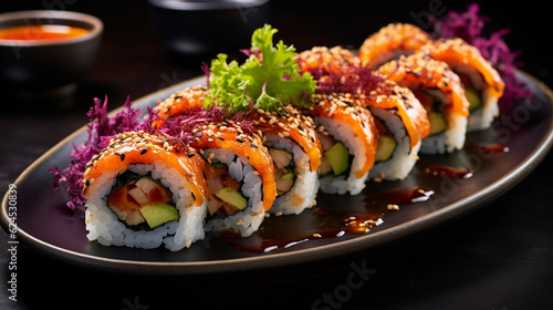 A plate of vibrant vegetable sushi rolls, made with fresh ingredients and served with soy sauce and wasabi