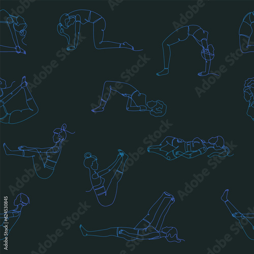 Seamless pattern with single line drawings of yoga poses. Linear hand drawn asana doodles wallpaper on dark green background