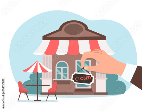 Closed coffee house concept. Bankrupt small business. Hand changes sign on facade of building. Urban infrastructure and catering. Coffee shop entrance. Cartoon flat vector illustration