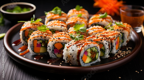 A plate of vibrant vegetable sushi rolls, made with fresh ingredients and served with soy sauce and wasabi