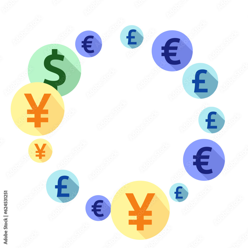 Obraz premium Euro dollar pound yen round signs scatter currency vector illustration. Commerce pattern. Currency