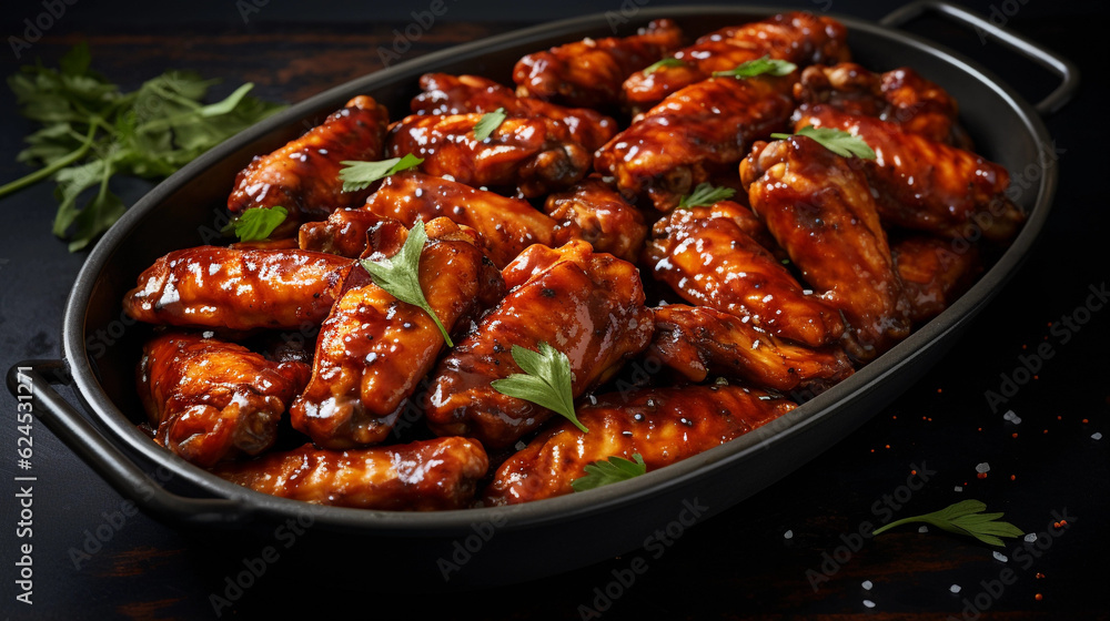 A tray of golden-brown chicken wings, glazed with a sticky barbecue sauce A tray of golden-brown chicken wings, glazed with a sticky barbecue sauce