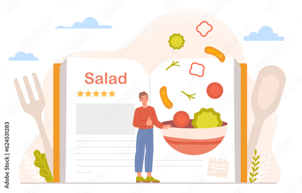 Man with book of recipes concept. Young guy near plate with salad and place for notes. Ingredients, cooking homemade and healthy food. Natural and organic products. Cartoon flat vector illustration