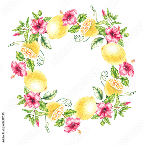 Watercolor Lemon and Hibiscus Flowers Frame