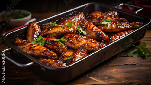 A tray of golden-brown chicken wings, glazed with a sticky barbecue sauce