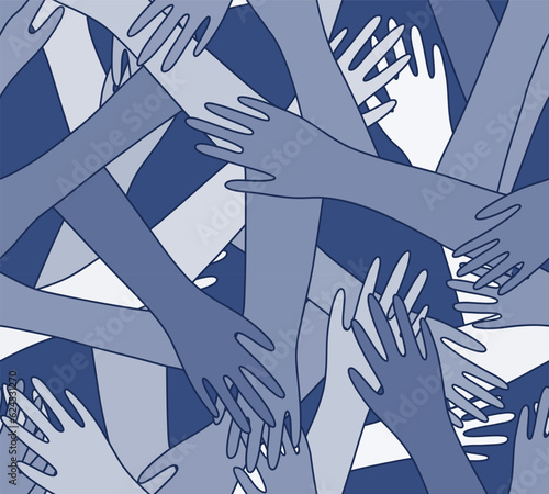Blue seamless pattern of human hands; conceptual monochrome illustration background. High five.