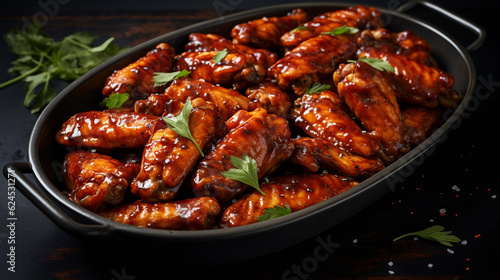 A tray of golden-brown chicken wings, glazed with a sticky barbecue sauce