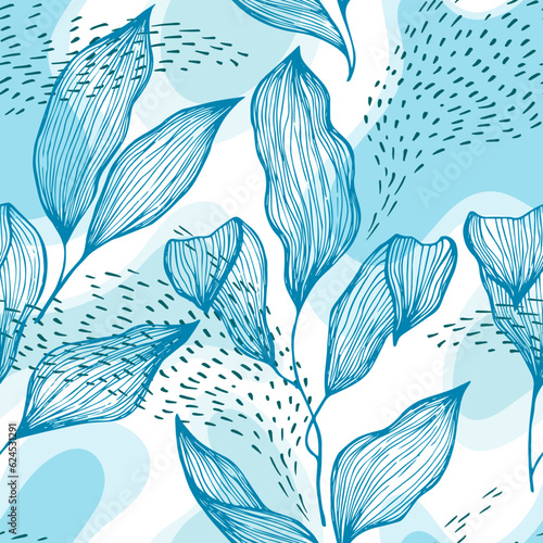 Sketch style doodle line texture leaves over stains and dots seamless vector ...