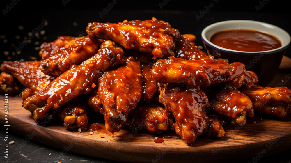 A tray of golden-brown chicken wings, glazed with a sticky barbecue sauce